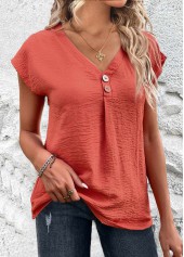 Coral tops,Plain Color tops,ROTITA Button Coral V Neck Short Sleeve Blouse