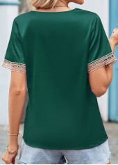 Green tops,Plain Color tops,Patchwork Green V Neck Short Sleeve Blouse