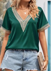 Green tops,Plain Color tops,Patchwork Green V Neck Short Sleeve Blouse