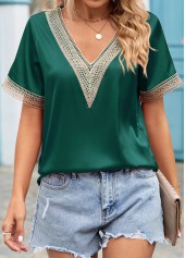 Green tops,Plain Color tops,Patchwork Green V Neck Short Sleeve Blouse