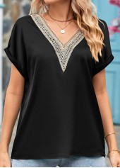Patchwork Black V Neck Short Sleeve Blouse