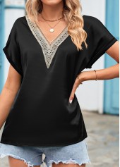 Black tops,Plain Color tops,Patchwork Black V Neck Short Sleeve Blouse