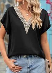 Black tops,Plain Color tops,Patchwork Black V Neck Short Sleeve Blouse