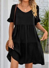 Ruched Black Short A Line V Neck Dress