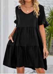 Black dresses,Plain Color dresses,Ruched Black Short A Line V Neck Dress