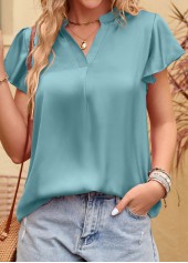 Smocked Neon Blue V Neck Short Sleeve Blouse