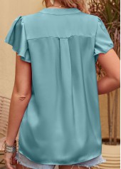 Neon Blue tops,Plain Color tops,Smocked Neon Blue V Neck Short Sleeve Blouse
