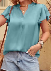Neon Blue tops,Plain Color tops,Smocked Neon Blue V Neck Short Sleeve Blouse