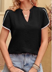 Black tops,Plain Color tops,Patchwork Black V Neck Short Sleeve Blouse