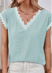 Patchwork Light Blue V Neck T Shirt