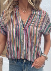 Multi Color tops,Striped tops,Geometric tops,Button Striped Multi Color V Neck Blouse