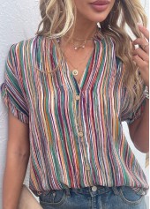 Multi Color tops,Striped tops,Geometric tops,Button Striped Multi Color V Neck Blouse