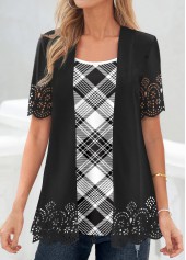 Black tops,Plaid tops,Geometric tops,Striped tops,ROTITA Plaid Black Square Neck Fake Two Piece Twinset