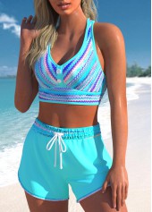 Cyan swimwear,Striped swimwear,Geometric swimwear,ROTITA Criss Cross Cyan Multi Stripe Print Bikini Set