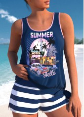 Marineblaues Tankini-Set mit Rotita-Krawatte und tropischem Pflanzendruck