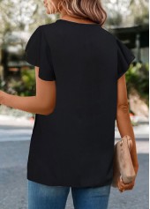 Black tops,Plain Color tops,ROTITA Button Black Round Neck Short Sleeve T Shirt