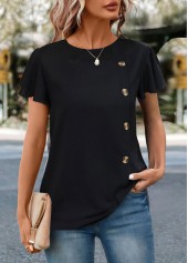 ROTITA Button Black Round Neck Short Sleeve T Shirt