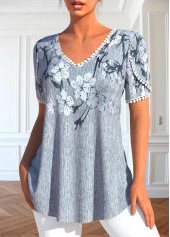 Grey tops,Floral tops,ROTITA Patchwork Floral Print Grey V Neck T Shirt