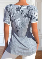 Grey tops,Floral tops,ROTITA Patchwork Floral Print Grey V Neck T Shirt