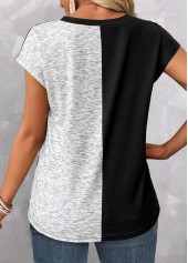 Sage Green tops,Light Grey Marl tops,Contrast Color tops,ROTITA Button Design Sage Green V Neck T Shirt