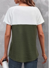 Olive Green tops,White tops,Contrast Color tops,ROTITA Button Olive Green Round Neck T Shirt