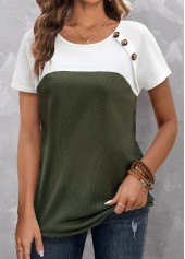 ROTITA Button Olive Green Round Neck T Shirt