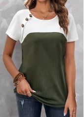 Olive Green tops,White tops,Contrast Color tops,ROTITA Button Olive Green Round Neck T Shirt