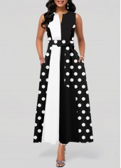 ROTITA Tie Polka Dot Black Belted Split Neck Dress