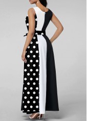 Black dresses,Dot dresses,Geometric dresses,ROTITA Tie Polka Dot Black Belted Split Neck Dress