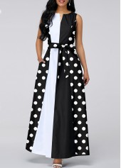 Black dresses,Dot dresses,Geometric dresses,ROTITA Tie Polka Dot Black Belted Split Neck Dress