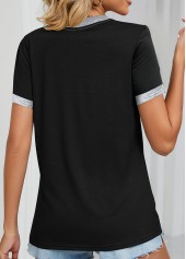 Black tops,Contrast Color tops,ROTITA Pocket Black Split Neck Short Sleeve T Shirt