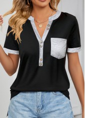 Black tops,Contrast Color tops,ROTITA Pocket Black Split Neck Short Sleeve T Shirt