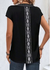 Black tops,Floral tops,Geometric tops,Tribal tops,ROTITA Patchwork Floral Print Black V Neck T Shirt