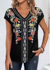 ROTITA T-shirt noir à col en V et imprimé floral patchwork