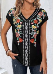 Black tops,Floral tops,Geometric tops,Tribal tops,ROTITA Patchwork Floral Print Black V Neck T Shirt