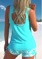 Cyan swimwear,Plants swimwear,ROTITA Three-piece Cyan Leaf Print High Waisted Tankini Set