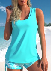 Dreiteiliges Rotita-Tankini-Set mit hohem Bund und Blattmuster in Cyan