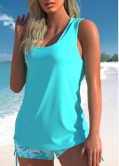 Cyan swimwear,Plants swimwear,ROTITA Three-piece Cyan Leaf Print High Waisted Tankini Set