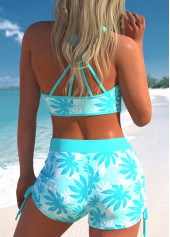 Cyan swimwear,Plants swimwear,ROTITA Three-piece Cyan Leaf Print High Waisted Tankini Set