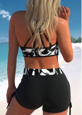 Black swimwear,Graphic swimwear,ROTITA Three-piece Black Graffiti Print High Waisted Tankini Set
