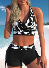 Black swimwear,Graphic swimwear,ROTITA Three-piece Black Graffiti Print High Waisted Tankini Set