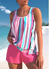 Hot Pink swimwear,Striped swimwear,Geometric swimwear,ROTITA Bowknot Hot Pink Multi Stripe Print Tankini Set