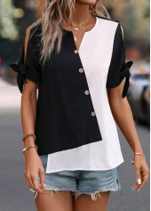 Black tops,White tops,Contrast Color tops,ROTITA Patchwork Black Split Neck Short Sleeve Blouse