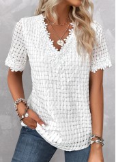White tops,Plain Color tops,ROTITA Embroidery White V Neck Short Sleeve Blouse