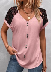 Rotita Patchwork-T-Shirt in Rosa mit V-Ausschnitt und kurzen Ärmeln