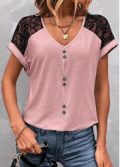 Pink tops,Contrast Color tops,ROTITA Patchwork Pink V Neck Short Sleeve T Shirt