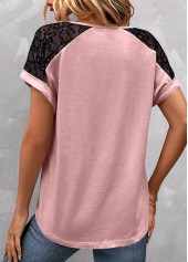 Pink tops,Contrast Color tops,ROTITA Patchwork Pink V Neck Short Sleeve T Shirt