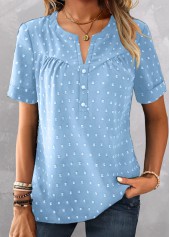 ROTITA Plus Size Button Sky Blue Split Neck Blouse