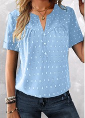 Sky Blue plus size,Plain Color plus size,ROTITA Plus Size Button Sky Blue Split Neck Blouse