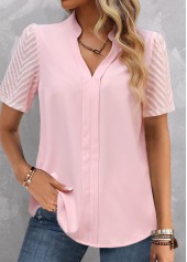 Light Pink plus size,Plain Color plus size,ROTITA Plus Size Split Light Pink Short Sleeve Blouse